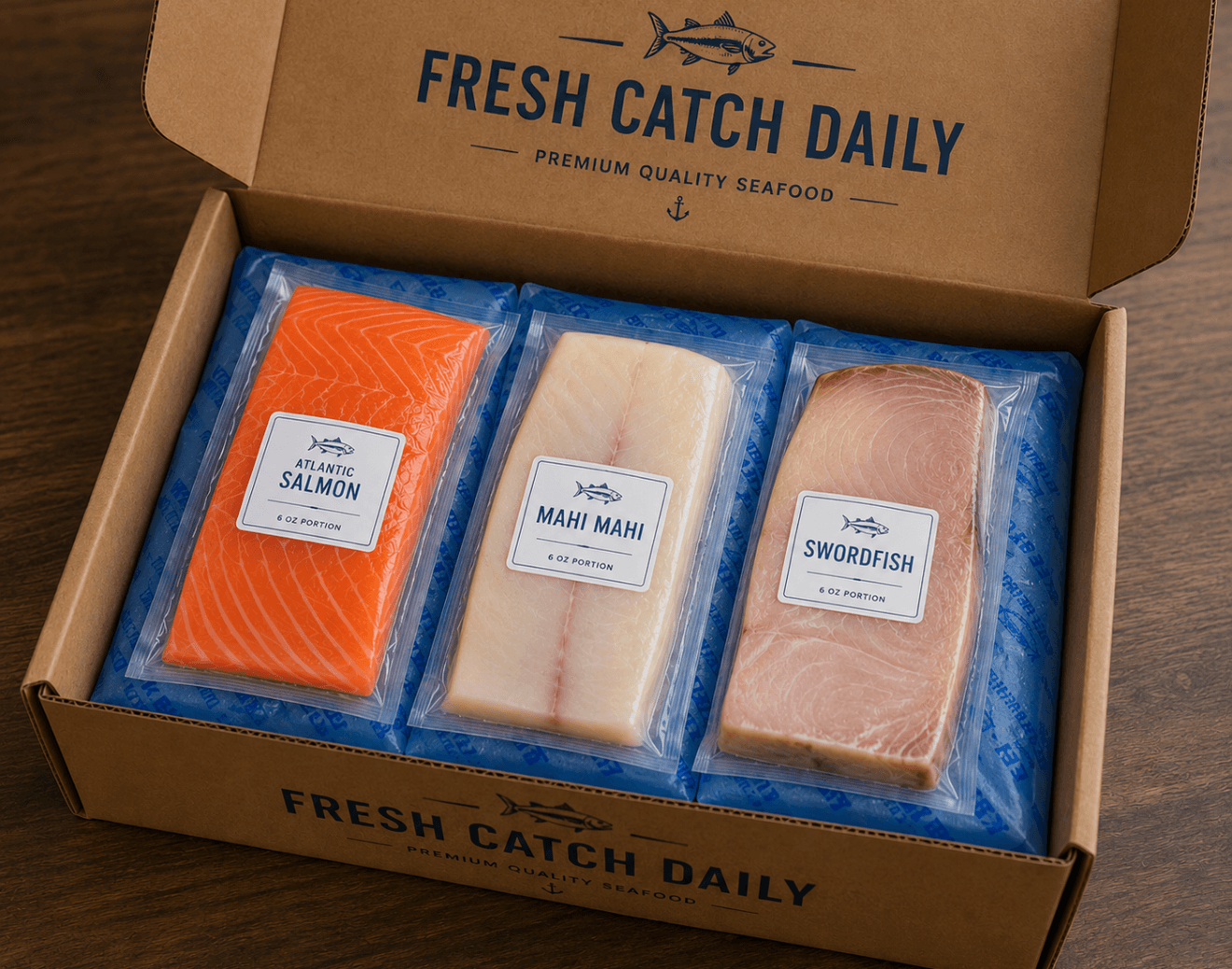Wild king salmon, mahi mahi annd swordfish on ice